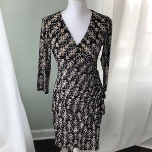 NY&CO Patterned Stretch Faux Wrap Dress Black Tan